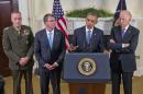 President Barack Obama, accompanied by, from left, Joint Chiefs Chairman Gen. Joseph Dunford, Defense Secretary Ash Carter and Vice President Joe Biden, speaks about Afghanistan, Thursday, Oct. 15, 2015, in the Roosevelt Room of the White House in Washington. Obama announced that he will keep U.S. troops in Afghanistan when he leaves office in 2017, casting aside his promise to end the war on his watch and instead ensuring he hands the conflict off to his successor. (AP Photo/Pablo Martinez Monsivais)