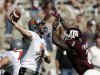 Oklahoma State quarterback Brandon Weeden (3) throws a pass as he is pressured by Texas A&M defensive back Terrence Frederick (7) during the second quarter of an NCAA college football game Saturday, Sept. 24, 2011, in College Station, Texas. (AP Photo/David J. Phillip)