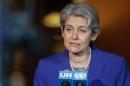 Irina Bokova speaks with reporters on the selection of the next UN Secretary-General at the UN headquarters in New York on April 12,2016