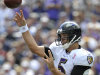 Baltimore Ravens quarterback Joe Flacco throws against the Pittsburgh Steelers in the first half of an NFL football game in Baltimore, Sunday, Sept. 11, 2011. (AP Photo/Gail Burton)