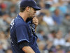 Tampa Bay Rays pitcher James Shields reacts on the mound before being taken out of the game in the eighth inning of the first baseball game of a doubleheader against the New York Yankees on Wednesday, Sept. 21, 2011, at Yankee Stadium in New York.  (AP Photo/Kathy Kmonicek)