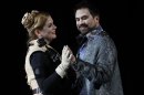 In this Feb. 24, 2012 photo, Julia Kleiter, left, who plays Almirena, the love interest of Rinaldo, right, played by David Daniels, performs during the final dress rehearsal at the Lyric Opera of Chicago's production of Rinaldo. (AP Photo/Charles Rex Arbogast)