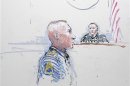 Army Staff Sergeant Robert Bales and Judge Col. Jeffery R. Nance is seen in a courtroom sketch as he is arraigned on 16 counts of premeditated murder, six counts of attempted murder and seven of assault at Joint Base Lewis-McChord, Washingto