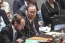 U.N. Secretary General Ban Ki-moon, center, listens as Jordan's Ambassador to the United Nations Prince Zeid Ra'ad Zeid Al-Hussein, left, speaks after a U.N. Security Council vote on the Syria humanitarian crisis at the U.N. headquarters on Saturday, Feb. 22, 2014. The council united for the first time on the resolution demanding that President Bashar Assad's government and the opposition provide immediate access everywhere in the country to deliver aid to millions of people. (AP Photo/Bebeto Matthews)
