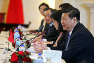 China's President Xi Jinping speaks during a bilateral meeting with Trinidad & Tobago's Prime Minister Kamla Persad-Bissessar, unseen, at the Diplomatic Center in St. Ann's, Trinidad, Saturday, June 1, 2013. The two countries have had diplomatic ties for almost 40 years, and Trinidad is China's biggest trading partner in the Caribbean. Xi Jinping is also traveling to Mexico, Costa Rica and the U.S. (AP Photo/Anthony Harris)