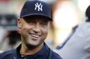 FILE - In this July 22, 2013, file photo, New York Yankees shortstop Derek Jeter laughs while standing in the dugout with teammates during a baseball game against the Texas Rangers in Arlington, Texas. Jeter and the Yankees have agreed to a $12 million, one-year contract on Friday, Nov. 1, 2013. (AP Photo/LM Otero, File)