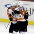 Philadelphia Flyers right wing Jakub Voracek (93) celebrates with center Claude Giroux (28) after scoring the winning goal late in the third period of an NHL hockey game against the Pittsburgh Penguins in Pittsburgh, Wednesday, Feb. 20, 2013. The Flyers won 6-5. (AP Photo/Gene J. Puskar)