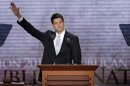 Republican vice presidential nominee, Rep. Paul Ryan waves after his address at the Republican National Convention in Tampa, Fla., on Wednesday, Aug. 29, 2012. (AP Photo/J. Scott Applewhite)