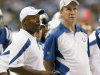 Indianapolis Colts quarterback Peyton Manning, right, talks with head coach Jim Caldwell during the second quarter of an NFL preseason football game against the Green Bay Packers in Indianapolis, Friday, Aug. 26, 2011. (AP Photo/AJ Mast)