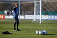 Uruguay's Diego Forlan looks on during a training session in Buenos Aires, Argentina, Thursday, July 21, 2011. Uruguay will face Paraguay on July 24 for the final Copa America soccer match. (AP Photo/Natacha Pisarenko)