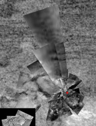 A mosaic of the Huygens probe landing site, as seen by the descent imager/spectral radiometer (DIRS) on the Huygens probe. The mosaic is overlaid on a Cassini orbiter radar image, taken on an Oct. 28, 2005, flyby. The landing site, marked by th