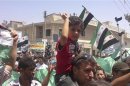 A boy joins demonstrators holding opposition flags as they protest against Syria's President Bashar al-Assad at Binsh near Idlib