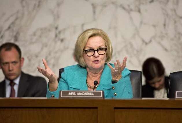 Sen. Claire McCaskill, D-Mo., questions top officials of the Air Force, Secretary of the Air Force Michael B. Donley, and Air Force Chief of Staff Gen. Mark A. Welsh III, about how they are dealing with the controversy over sexual assaults and how the military justice system handles it, during a Senate Armed Services Committee hearing on Capitol Hill in Washington, Tuesday, May 7, 2013. (AP Photo/J. Scott Applewhite)