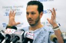 Nicholas Yanni of Boston describes the blast and his injuries during a press conference at Tufts Medical Cetner on April 16.