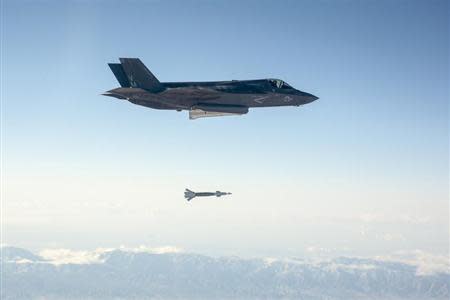 U.S. Marine Corps F-35B fighter jet drops a laser-guided bomb at Edwards Air Force Base, California