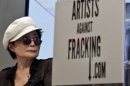 FILE- In this Aug. 29, 2012 file photo, Yoko Ono appears at a news conference in New York to launch the coalition of artists opposing hydraulic fracturing. Ono and her son, Sean Lennon, formed a group called 