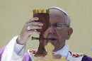 ADDS INFORMATION ABOUT THE CHALICE. Pope Francis celebrates a Mass with a chalice made from recycled wood from broken migrant boats, during his visit to the island of Lampedusa, southern Italy, Monday July 8, 2013. Pope Francis traveled Monday to the tiny Sicilian island of Lampedusa to pray for migrants lost at sea, going to the farthest reaches of Italy to throw a wreath of flowers into the sea and celebrate Mass as yet another boatload of Eritrean migrants came ashore. (AP Photo/Gregorio Borgia)