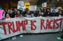 Protesters gather near Grand Central Station to protest against US Republican presidential candidate Donald Trump