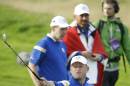 Europe's Jamie Donaldson gestures to the crowd as he walks along the 15th fairway during the singles match on the final day of the Ryder Cup golf tournament at Gleneagles, Scotland, Sunday, Sept. 28, 2014. (AP Photo/Matt Dunham)