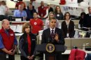 U.S. President Barack Obama speaks about damage done by Hurricane Sandy at the National Red Cross Headquarters in Washington