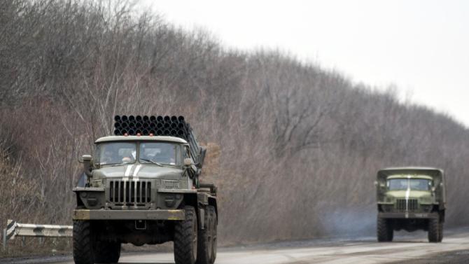 Ukrainian Grad BM21 multi-rocket launcher rides near Artemivsk on February 5, 2015