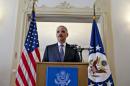 US attorney general Eric Holder speaks at the US ambassador's residence in Oslo on July 8, 2014