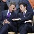 U.S. Treasury Secretary Timothy Geithner, left, speaks with  Japan's Finance Minister Jun Azumi, while waiting during a group photo opportunity at the IMF/World Bank spring meetings in Washington Saturday, April, 21, 2012.