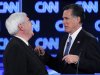 FILE - In this Jan. 26, 2012 file photo, Republican presidential candidates, former House Speaker Newt Gingrich and former Massachusetts Gov. Mitt Romney talk during a commercial break at the Republican presidential candidates debate in Jacksonville, Fla. Remember Gingrich calling Romney a liar? Michele Bachmann saying Romney's unelectable? Rick Santorum calling Romney "the worst Republican in the country" to run against Obama? They're hoping you don't. And acting like it never happened _ even though most of their words are just clicks away online. (AP Photo/Matt Rourke, File)
