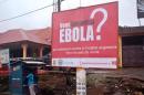 A man stands at a stall on September 8, 2014 next to a billboard about the Ebola virus in a street in Conakry, Guinea