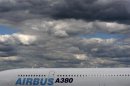 An Airbus A380 aircraft is displayed at the 2008 Farnborough International Air Show, Hampshire, southern England