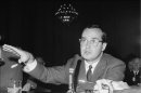 FILE - In this Nov. 9, 1961 file photo, Newton Minow, chairman of the Federal Communications Commission, testifies before the Senate Small Business Subcommittee at a hearing on communication satellites in Washington, D.C. Minow, in his legendary speech on May 9, 1961, said, 