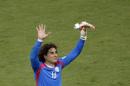 Mexico's goalkeeper Guillermo Ochoa waves to fans after the group A World Cup soccer match between Brazil and Mexico at the Arena Castelao in Fortaleza, Brazil, Tuesday, June 17, 2014. (AP Photo/Themba Hadebe)