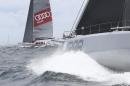 U.S. yacht Rambler crashes through a wave as she sails towards Wild Oats XI during the start of the Sydney Hobart yacht race in Sydney Saturday, Dec. 26, 2015. The 628-nautical-mile race started in Sydney Harbour and is expected to end two to three days later in Hobart, the capital of the island state of Tasmania. (AP Photo/Rob Griffith)