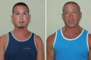 In this two picture combo, John Hart, 41, Dennis Jay Mayer, 43, both of Palm Springs, California, are seen in this police booking mug provided by the Dominica Police department, Thursday March 22, 2012. The Southern California men have pleaded guilty to indecent exposure in Dominica following their arrest during a stop on a gay cruise of the Caribbean. Police said the two men were seen engaging in a public sex on a deck of a Celebrity Summit cruise ship by someone on the dock. (AP Photo/Dominica Police department)