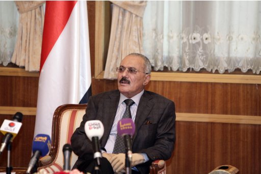 Yemen's outgoing President Saleh speaks to selected group of state media reporters in Sanaa