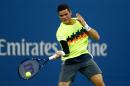 Milos Raonic of Canada hits at the US Open on September 1, 2014