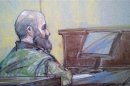 U.S. Army psychiatrist Major Nidal Hasan is pictured in court in Fort Hood, Texas in this court sketch