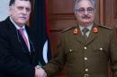 General Khalifa Haftar (R), commander of armed forces loyal to the internationally recognised Libyan government, shakes hands with the head of UN-backed Libyan Presidential Council, Fayez al-Sarraj, in the eastern town of al-Marj on January 31, 2016
