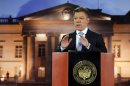 Colombia's President Juan Manuel Santos delivers a speech during a televised address to the nation at the presidential palace in Bogota, Colombia, Monday, Aug. 27, 2012. Santos said his government has held exploratory talks with rebels of the the leftist Revolutionary Armed Forces of Colombia, FARC. (AP Photo/Fernando Vergara)