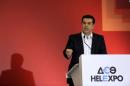 Former Greek PM and leader of leftist Syriza party Tsipras delivers speech during annual International Trade Fair of the northern city of Thessaloniki