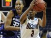 Connecticut's Tiffany Hayes (3) drives to the basket while guarded by Kansas State's Jalana Childs during the first half of an NCAA tournament second-round college basketball game in Bridgeport, Conn., Monday, March 19, 2012. (AP Photo/Jessica Hill)