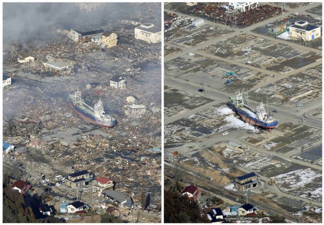 Combination photo shows aerial views of a tsunami-devastated area in Kesennuma