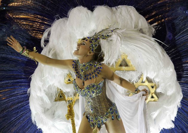A reveller from the Grande Rio samba school takes part in the second night of the annual Carnival parade in Rio de Janeiro's Sambadrome