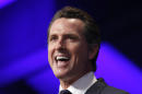 In this April 12, 2013, file photo, Lt. Gov. Gavin Newsom addresses delegates to the 2013 Democratic State Convention in Sacramento, Calif. Newsom says he won't run for the open U.S. Senate seat created by Democratic Sen. Barbara Boxer's retirement next year. On his Facebook page, Newsom says it's better to be candid than coy, and while he's humbled by widespread encouragement to seek federal office, he has unfinished work in the state of California, not Washington, D.C. (AP Photo/Rich Pedroncelli, File)
