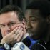 Kansas head coach Bill Self, left, listens to guard Tyshawn Taylor speak during a news conference for the NCAA Final Four tournament college basketball game Sunday, April 1, 2012, in New Orleans. Kansas plays Kentucky in the championship game Monday night. (AP Photo/Mark Humphrey)