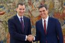 Spain's King Felipe VI (L) shakes hands with Spanish Socialist Party leader Pedro Sanchez at the Zarzuela Palace in Madrid on February 2, 2016
