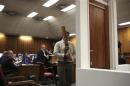 A policeman demonstrates the effect of hitting of bathroom door with cricket bat during trial of Oscar Pistorius in North Gauteng High Court in Pretoria