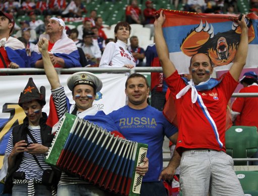 Fans of Russia cheer before the start of their Group A Euro 2012 soccer match against Czech Republic in Wroclaw
