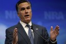 Republican Presidential hopeful Mitt Romney speaks at the Celebration of American Values Leadership Forum during the National Rifle Association's (NRA) 141st Annual Meetings & Exhibits in St. Louis