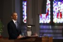 U.S. President Barack Obama speaks during an interfaith memorial service at the Cathedral of the Holy Cross, for the victims of the Boston Marathon bombing in Boston
